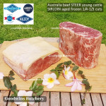 Beef Sirloin AGED BY GOODWINS Australia STEER young cattle (Striploin / New York Strip / Has Luar) frozen brand Harvey/Midfield STEAK 1cm 3/8" for schnitzel (price /600gr 4-5pcs)